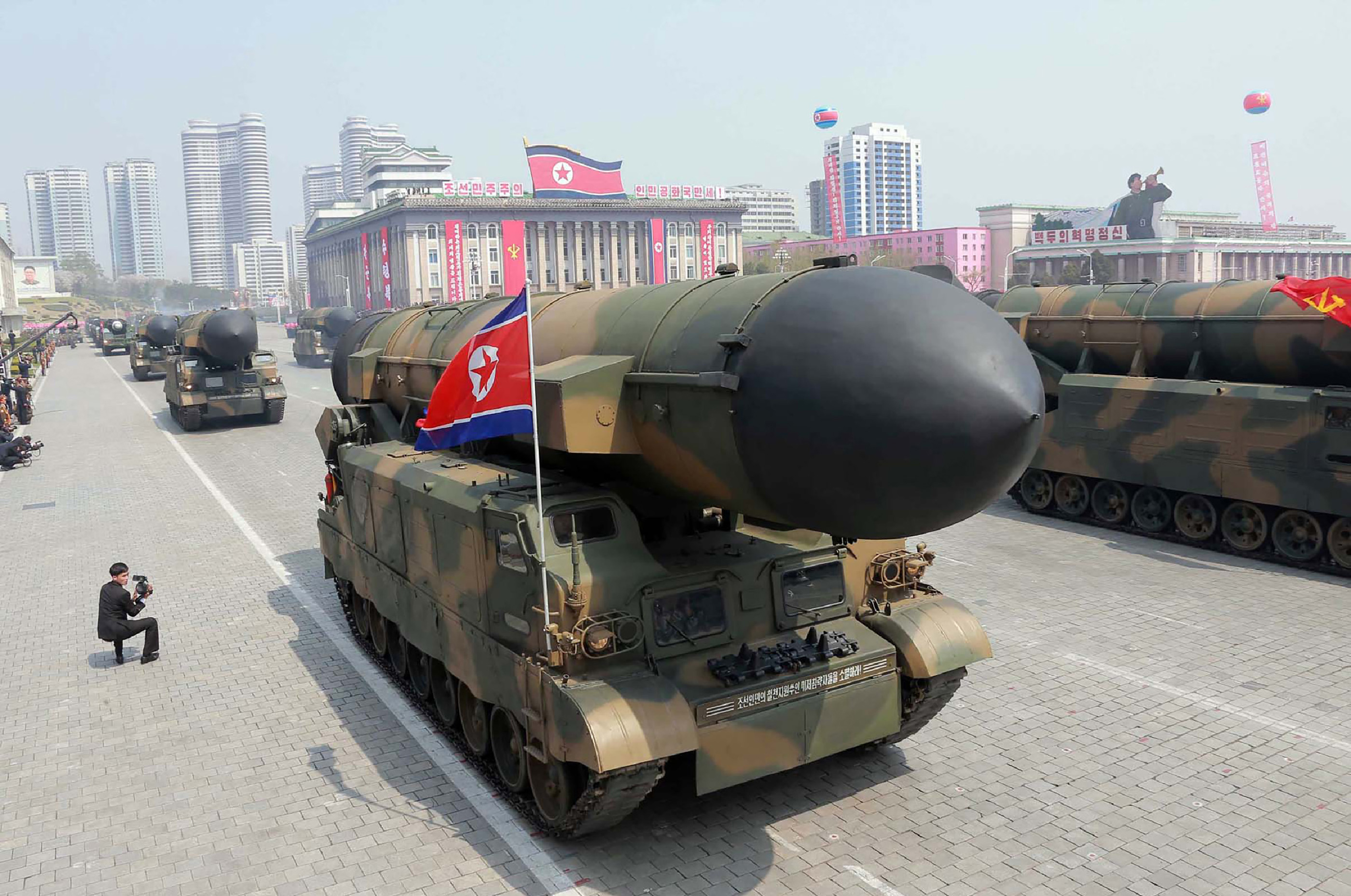 This April 15, 2017 picture released from North Korea's official Korean Central News Agency (KCNA) on April 16, 2017 shows Korean People's ballistic missiles being displayed through Kim Il-Sung square during a military parade in Pyongyang marking the 105th anniversary of the birth of late North Korean leader Kim Il-Sung. / AFP PHOTO / KCNA VIA KNS / STR / South Korea OUT / REPUBLIC OF KOREA OUT ---EDITORS NOTE--- RESTRICTED TO EDITORIAL USE - MANDATORY CREDIT "AFP PHOTO/KCNA VIA KNS" - NO MARKETING NO ADVERTISING CAMPAIGNS - DISTRIBUTED AS A SERVICE TO CLIENTS THIS PICTURE WAS MADE AVAILABLE BY A THIRD PARTY. AFP CAN NOT INDEPENDENTLY VERIFY THE AUTHENTICITY, LOCATION, DATE AND CONTENT OF THIS IMAGE. THIS PHOTO IS DISTRIBUTED EXACTLY AS RECEIVED BY AFP. / (Photo credit should read STR/AFP/Getty Images)